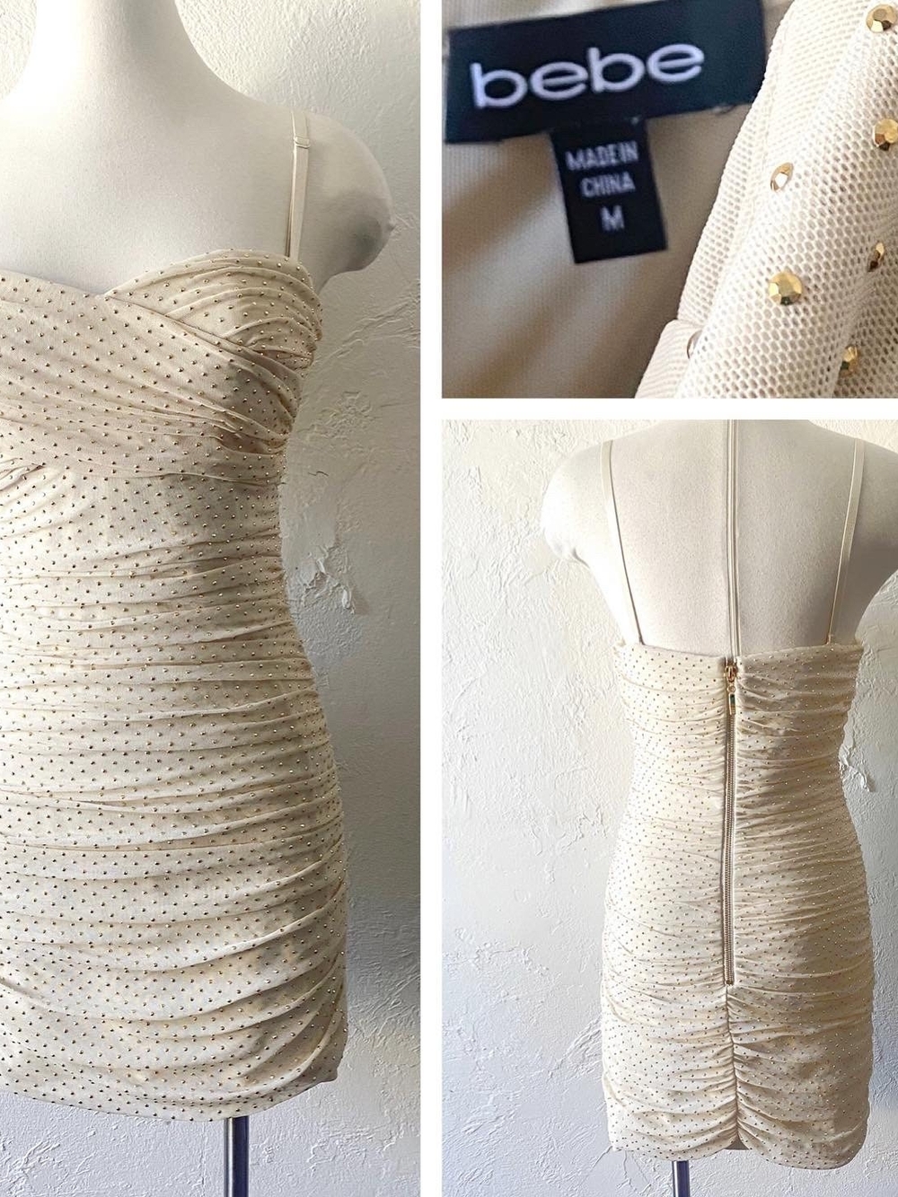 Make An Offer 🫴 NWT bebe Studded Ivory Ruched Mini Dress